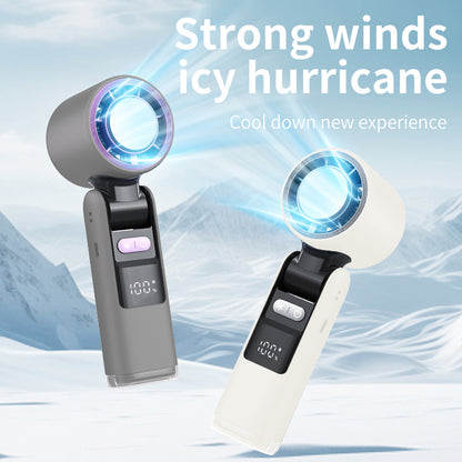 Portable fan in white and black with glowing blue turbine-style grille