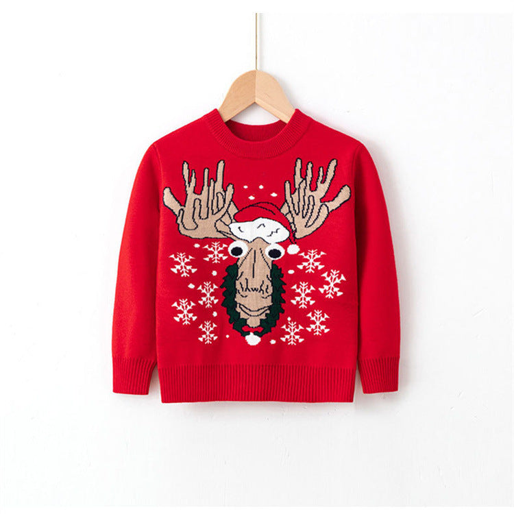 Children's Christmas sweater, red knit with moose head and snowflake pattern