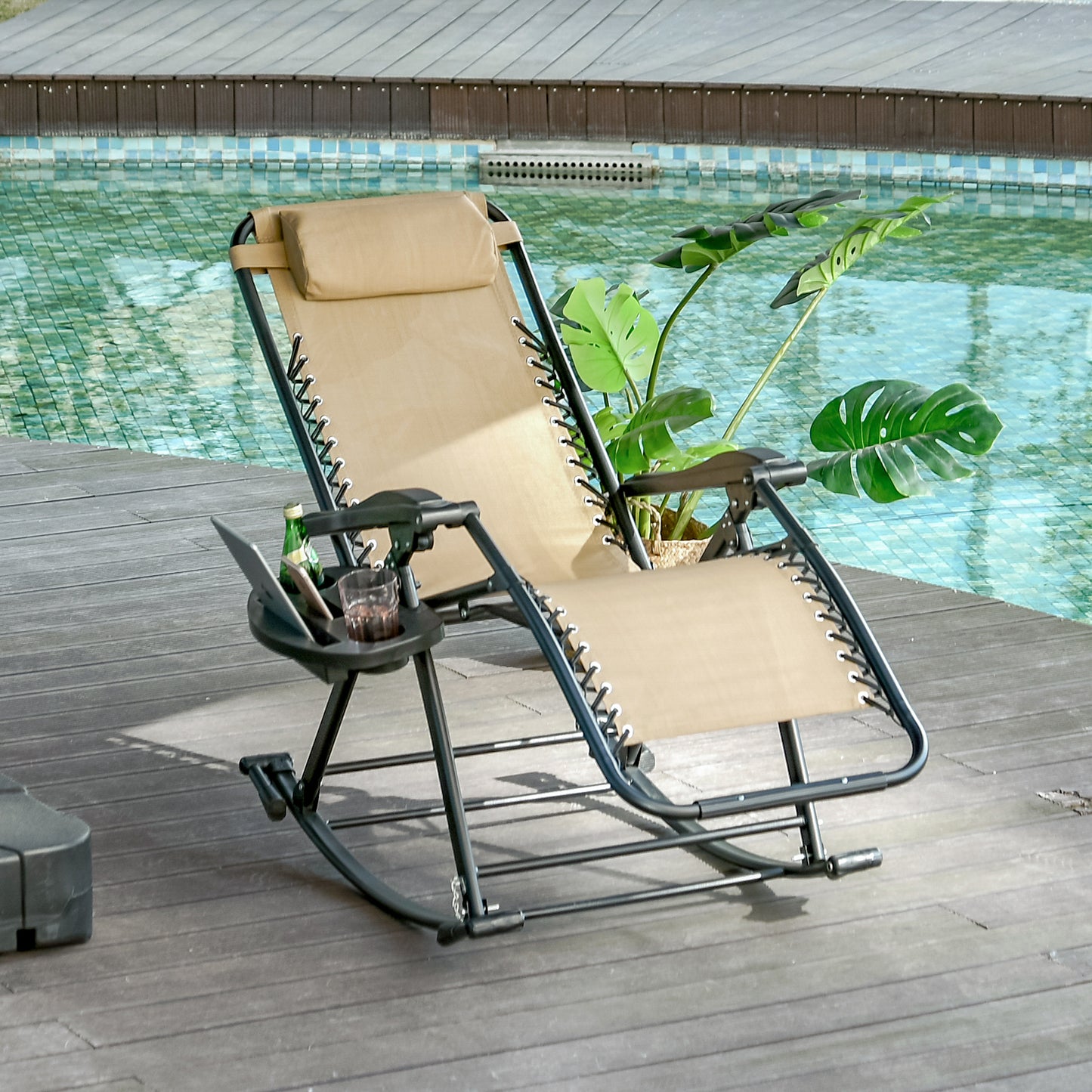 Foldable Zero Gravity Rocking Chair with Cup Holder & Pillow - Beige