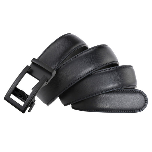 Men's Leather Belt Automatic Buckle Two-layer Cowhide Hollow in black with sleek automatic buckle design.