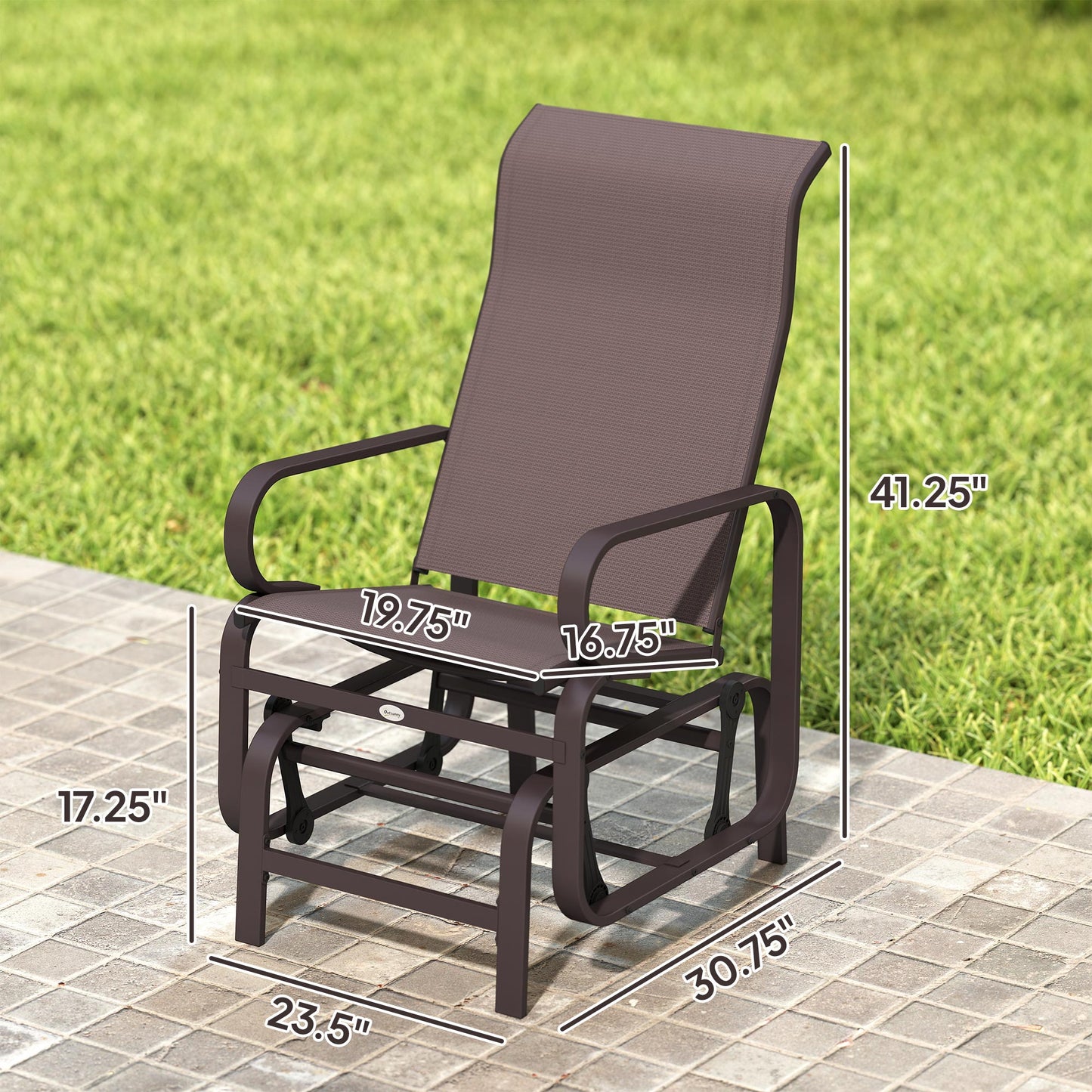 Single gliding patio lounger chair with dark mesh seat, metal base, size labels.