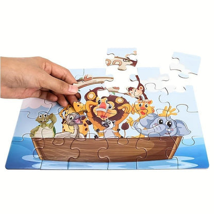 Child’s hands placing a jigsaw piece on a completed zoo animal boat puzzle