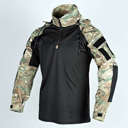 Black hoodie with camouflage sleeves on a light gray background