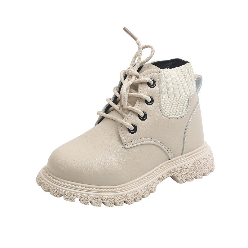 Children's white leather lace-up martin boots with padded collar and grippy sole