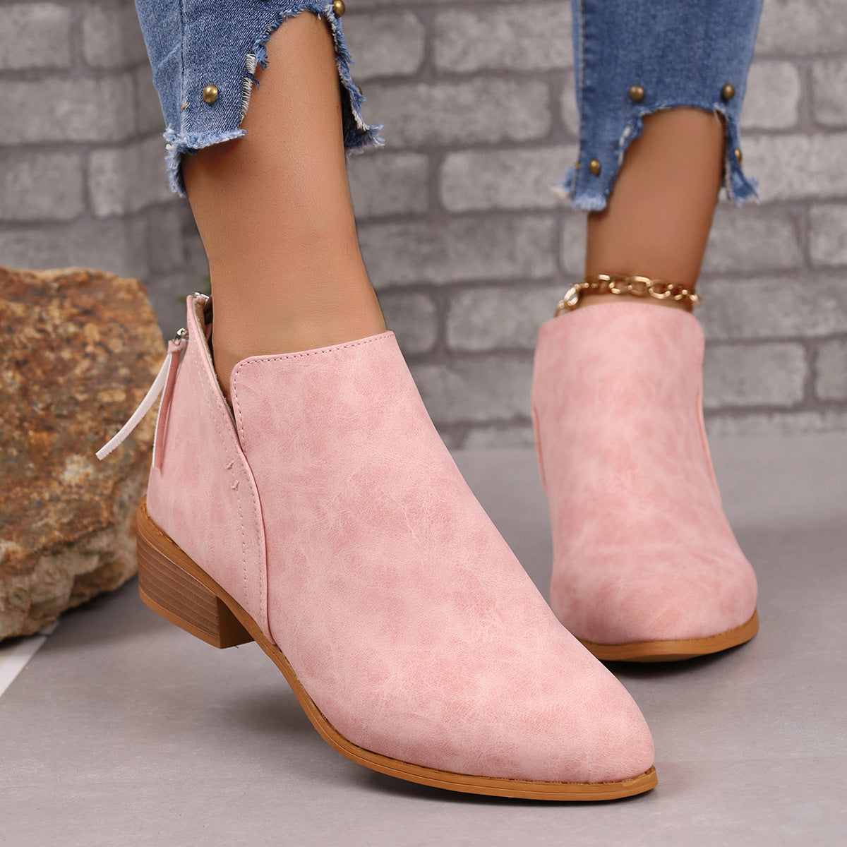 Chunky Heel Pointed Toe Ankle Boots With V-cut Design Fashion Fall Winter Short Boots For Women Shoes Chunky Heel Pointed Toe Ankle Boots With | Ectron Online
