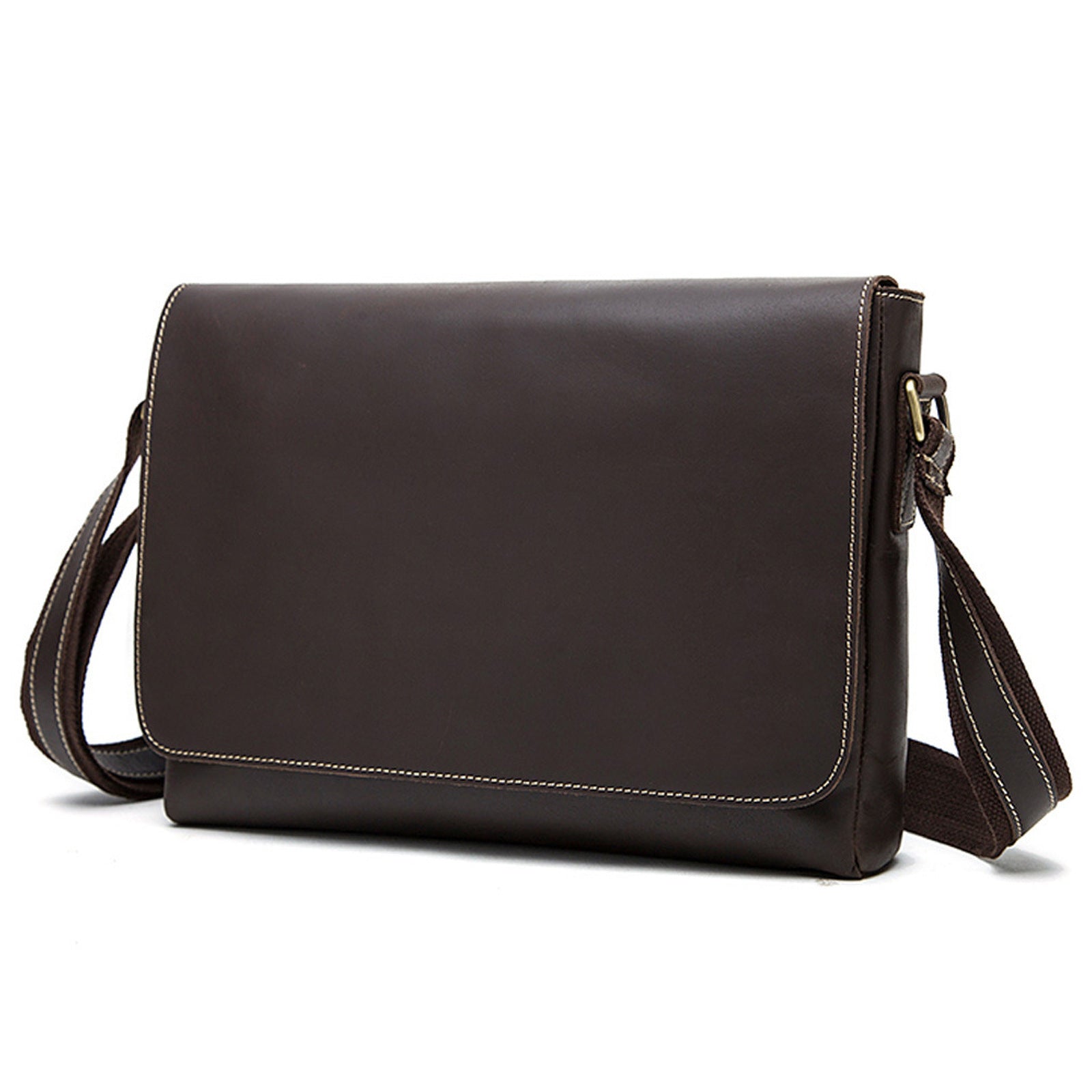 Men's retro shoulder bag, dark chocolate brown leather with flap and crossbody strap