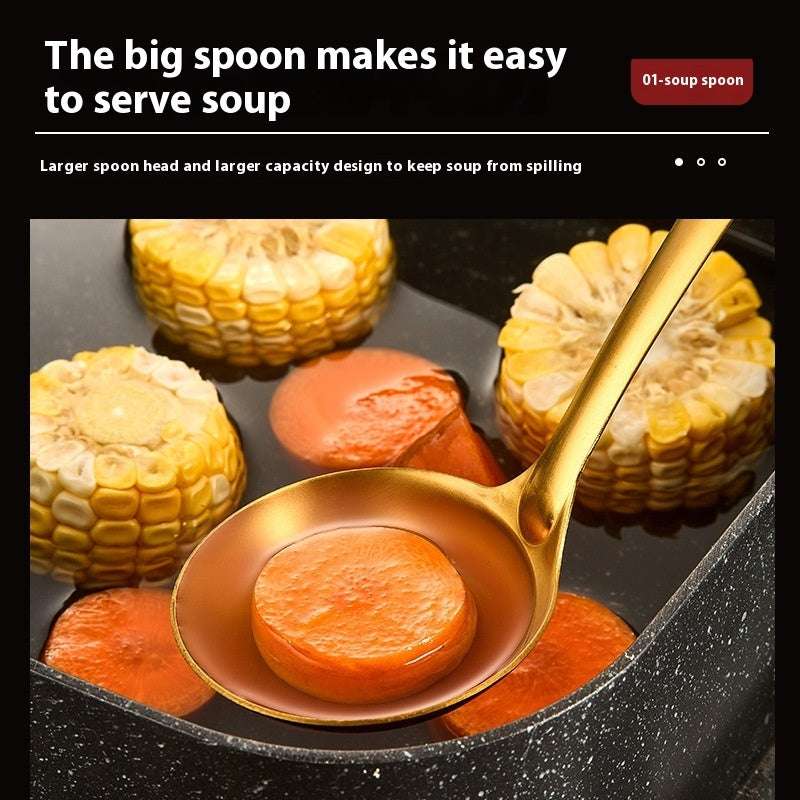 Gold soup spoon serving carrots with corn on a black background