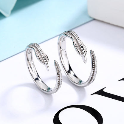 S925 Sterling Silver Feather Couple Ring Men And Women Pair Ring Opening Personality Fashion Jewelry