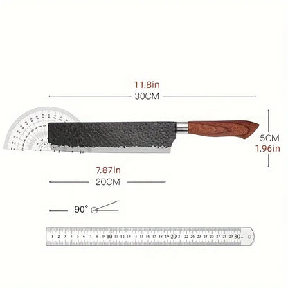Chef’s knife measurement diagram with wood handle and textured blade