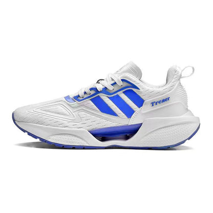 A pair of men's sneakers with a mesh upper featuring stripes in white, gray, and black colors, and a rubber sole.