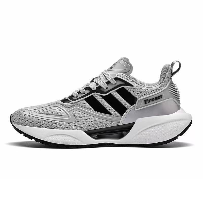 A pair of men's sneakers with a mesh upper featuring stripes in white, gray, and black colors, and a rubber sole.