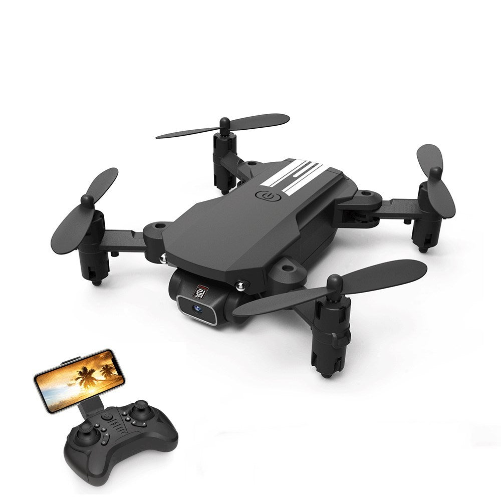 Black drone with remote control on a white background
