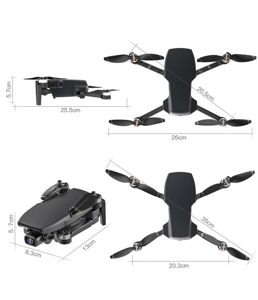 Black drone with dimensions labeled on a white background