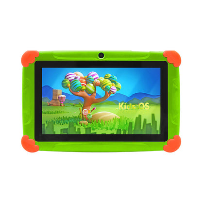 A 7-inch children's tablet computer in orange color with colorful protective case and multiple viewing angles displayed. The device is shown with a colorful screen displaying a learning application.