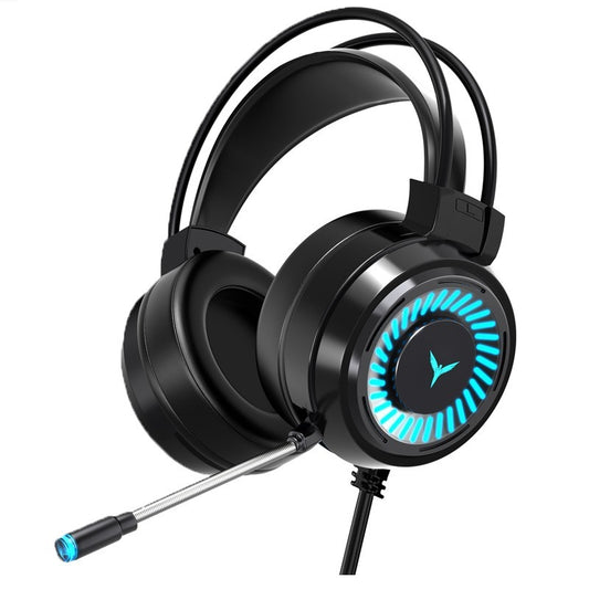 Black gaming headset with blue LED lights on a white background