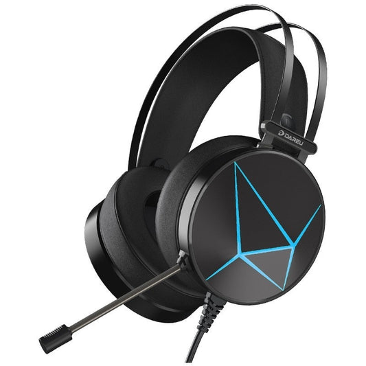 Black gaming headset with a blue triangle logo on a white background