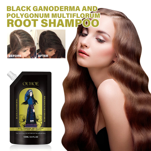 Shampoo bottle with packaging design featuring a woman with long hair, labeled 'Black Ganoderma and Polygonum Multiflorum Root Shampoo'.