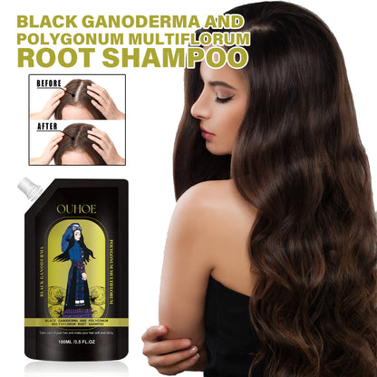 Shampoo product with a woman with long hair and before-and-after comparison.