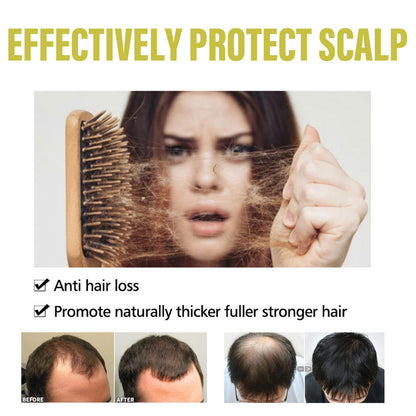 Product advertisement showing a woman with hair loss issues and claims of scalp protection and hair growth.