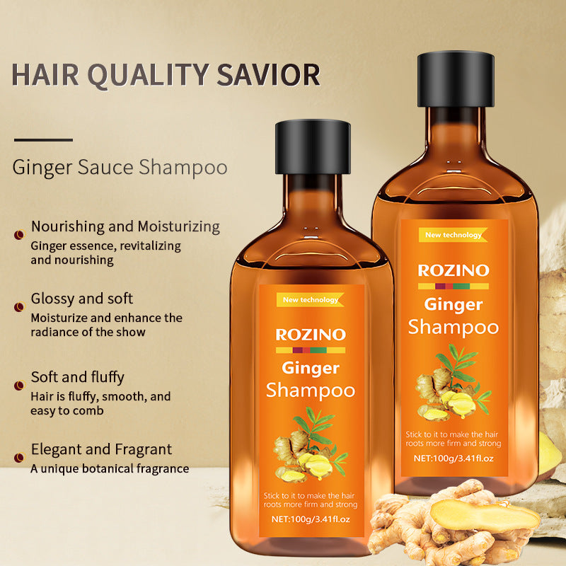 Two bottles of Rozino Ginger Shampoo with product details on a beige background.