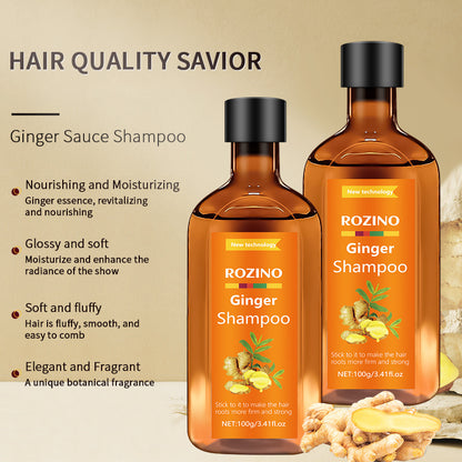 Two bottles of Rozino Ginger Shampoo with product details on a beige background.