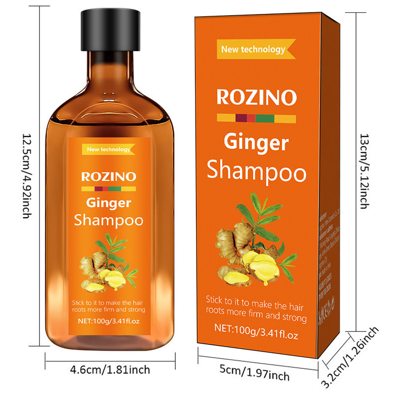 Rozino Ginger Shampoo bottle and packaging with dimensions on a white background