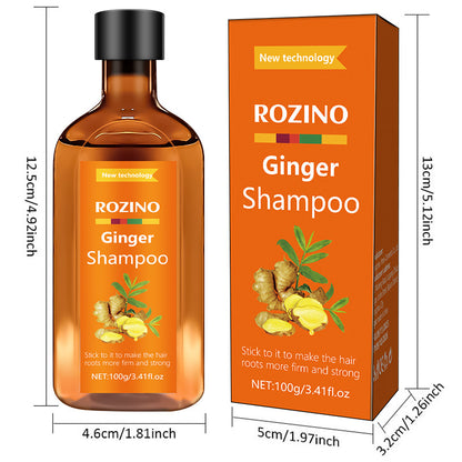 Rozino Ginger Shampoo bottle and packaging with dimensions on a white background
