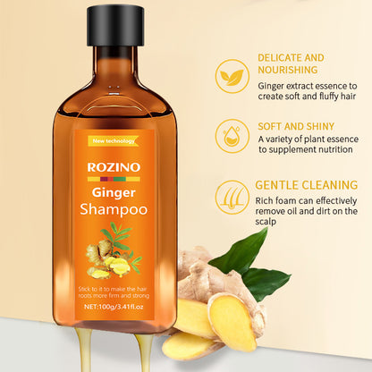 Rozino Ginger Shampoo bottle with product features on a beige background