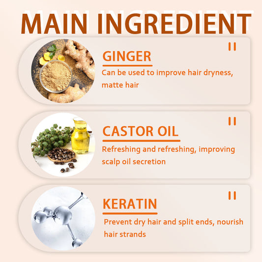 Product ingredients with ginger, castor oil, and keratin on a beige background