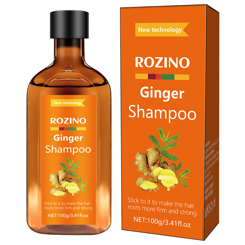 Rozino Ginger Shampoo bottle and packaging on a white background