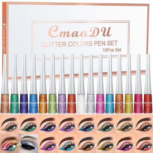 CmaaDU glitter colors pen set with applicators and color swatches on a white background