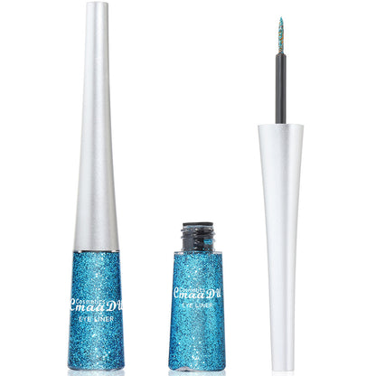 Blue glittery eyeliner with applicator on a white background