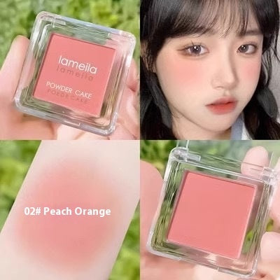 Lameila Powder Cake in Peach Orange shade with packaging, application on skin, and close-up of product.