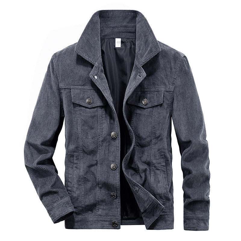 Gray thin corduroy work jacket with flap chest pockets and dark inner lining