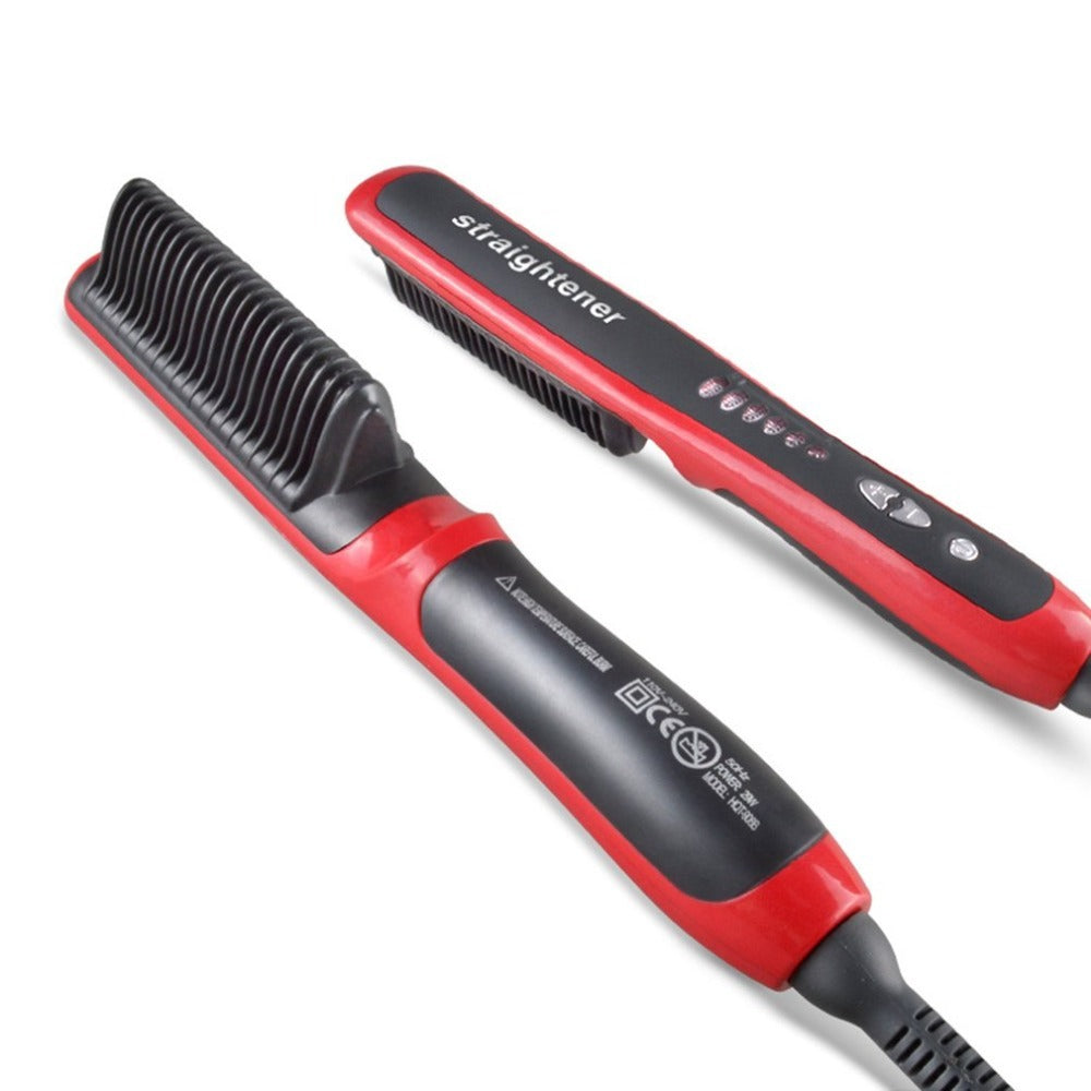 Red and black hair straightener on a white background