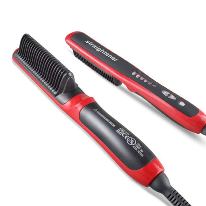 Red and black hair straightener on a white background