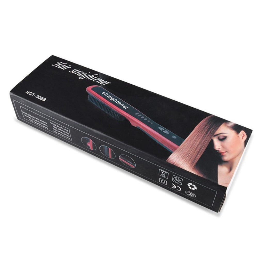 Box of a hair straightener with a woman using it on a white background