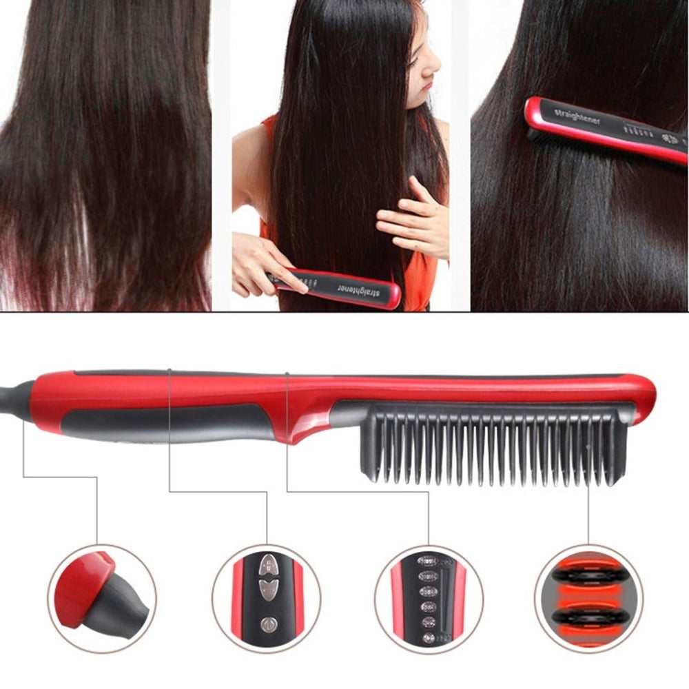 Hair straightening brush with close-up of hair before and after use, and additional features shown.