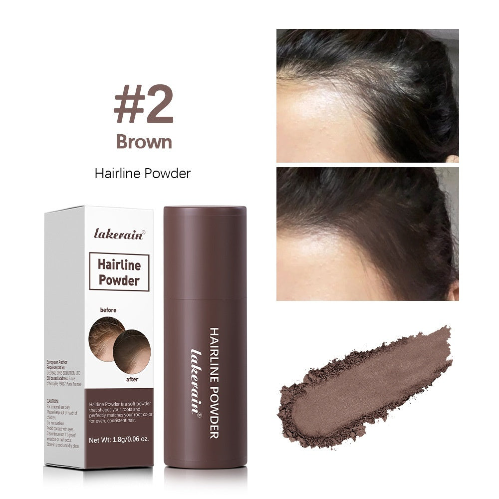 Hairline powder product with packaging, application on hairline, and swatch on white background.