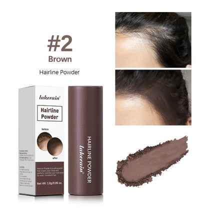 Hairline powder product with packaging, application on hairline, and swatch on white background.