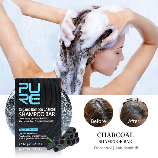 Person using a charcoal shampoo bar with 'PURE' branding, showing before and after effects on hair.