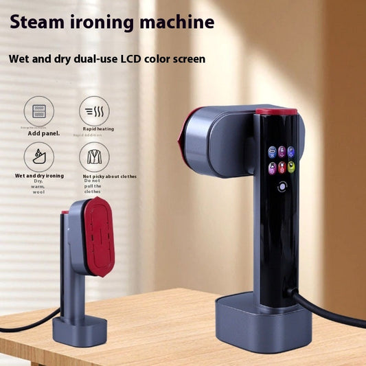 Steam ironing machine with dual-use LCD color screen on a wooden surface.