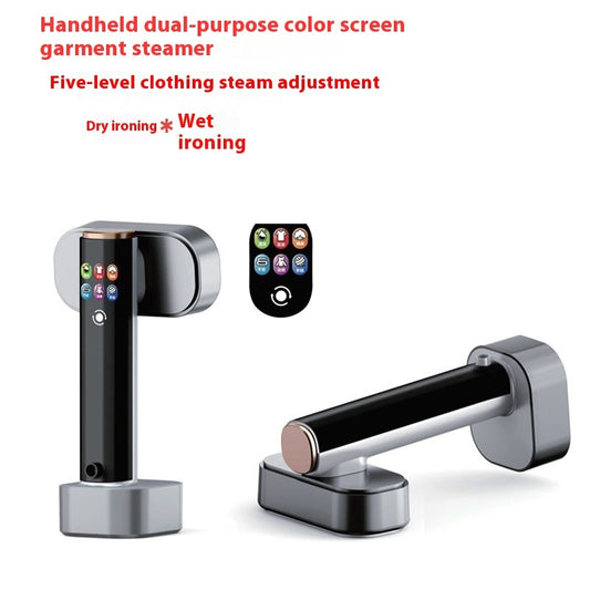 Handheld dual-purpose color screen garment steamer with remote control on a white background
