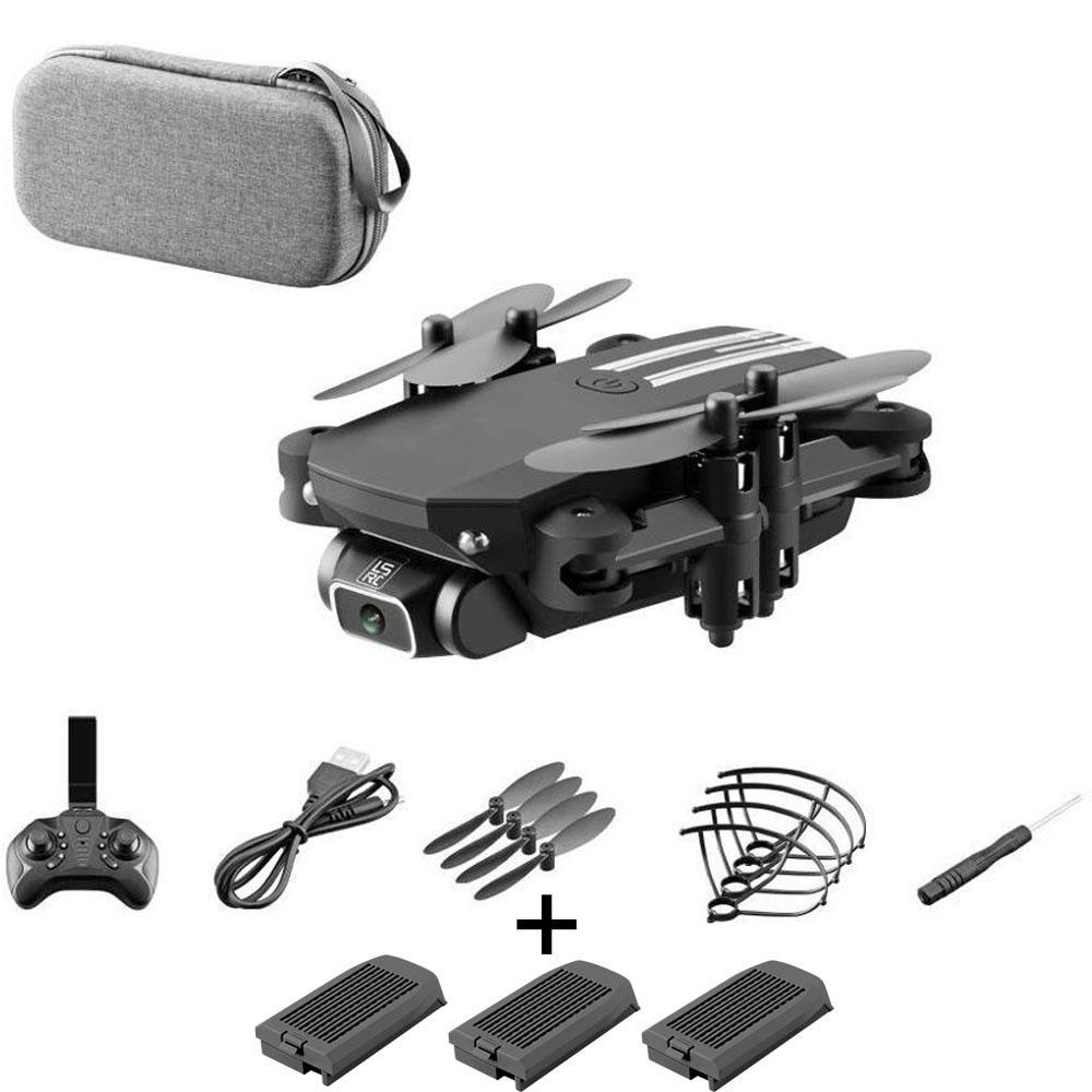 Black drone with accessories on a white background