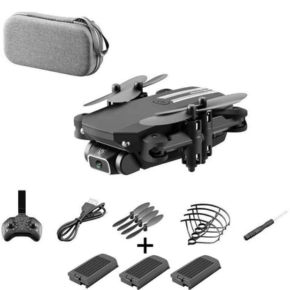 Black drone with accessories on a white background