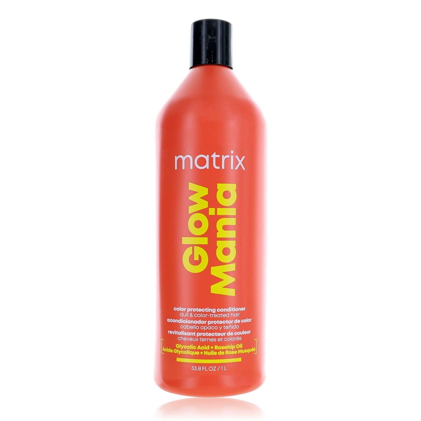 Matrix Glow Mania color-protecting conditioner bottle, amber-orange with black cap