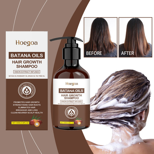 Hoegaoa Batana Oils Hair Growth Shampoo with packaging and before/after images on a brown background