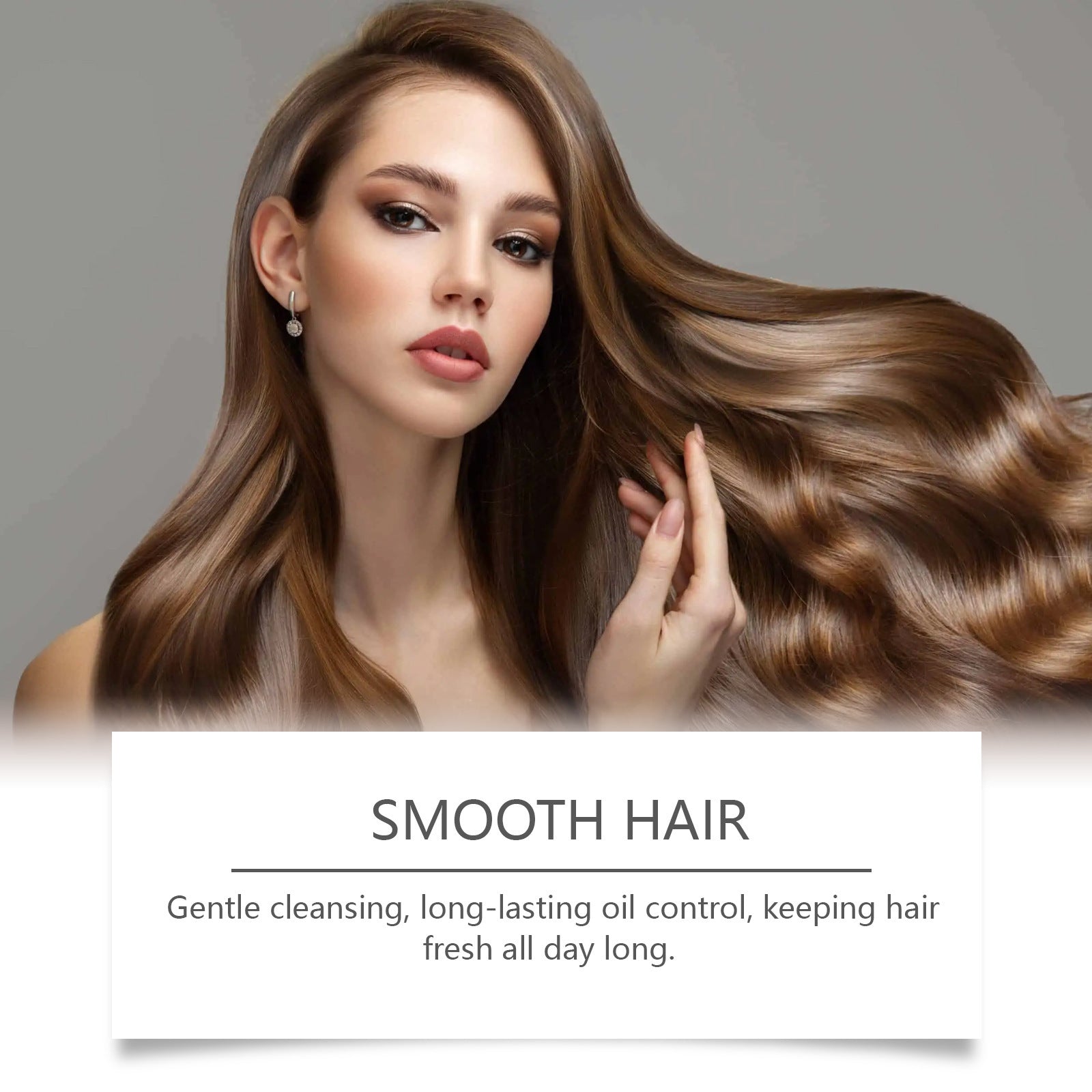 Woman with smooth, styled hair against a neutral background