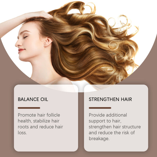Woman with long, wavy hair and text about balance oil and hair strengthening.