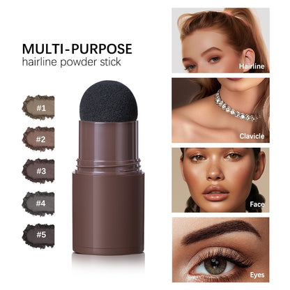 Multi-purpose hairline powder stick with application examples on a white background